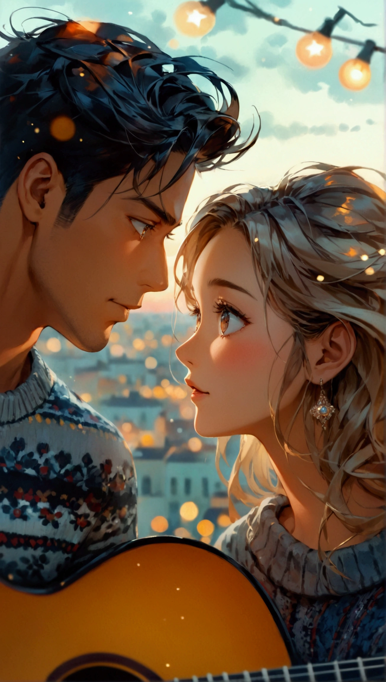 Illustrate a scene in which an Asian man singing with a guitar to his European girlfriend on a rooftop. The scene is set against the landscape of Washington D.C. on a warm autumn night when the sky is filled with bright stars. The man has a round face, defined by his brown skin, golden undertone, double lid, round black eyes, low cheek bones, a straight nose, and short black hair in class slick back. He wears a stylish sweater with a gray geometric print. The pretty oval face of the woman is well defined by her almond shaped eyes, low cheek bones, Greek nose, blonde hair, fair complexity and cool undertone. She is dressed in a sweater paired with casual pants. ((full-body shot)), ((Asian man, round face, round eyes, prominent nose, short coiffed hair)), (European woman, Greek nose, almond-shape eyes, blonde hair, long hair)), highly detailed, blush, (singing), (playing guitar), ((wide view)), 1 boy, 1girl, pleasant expression, night sky