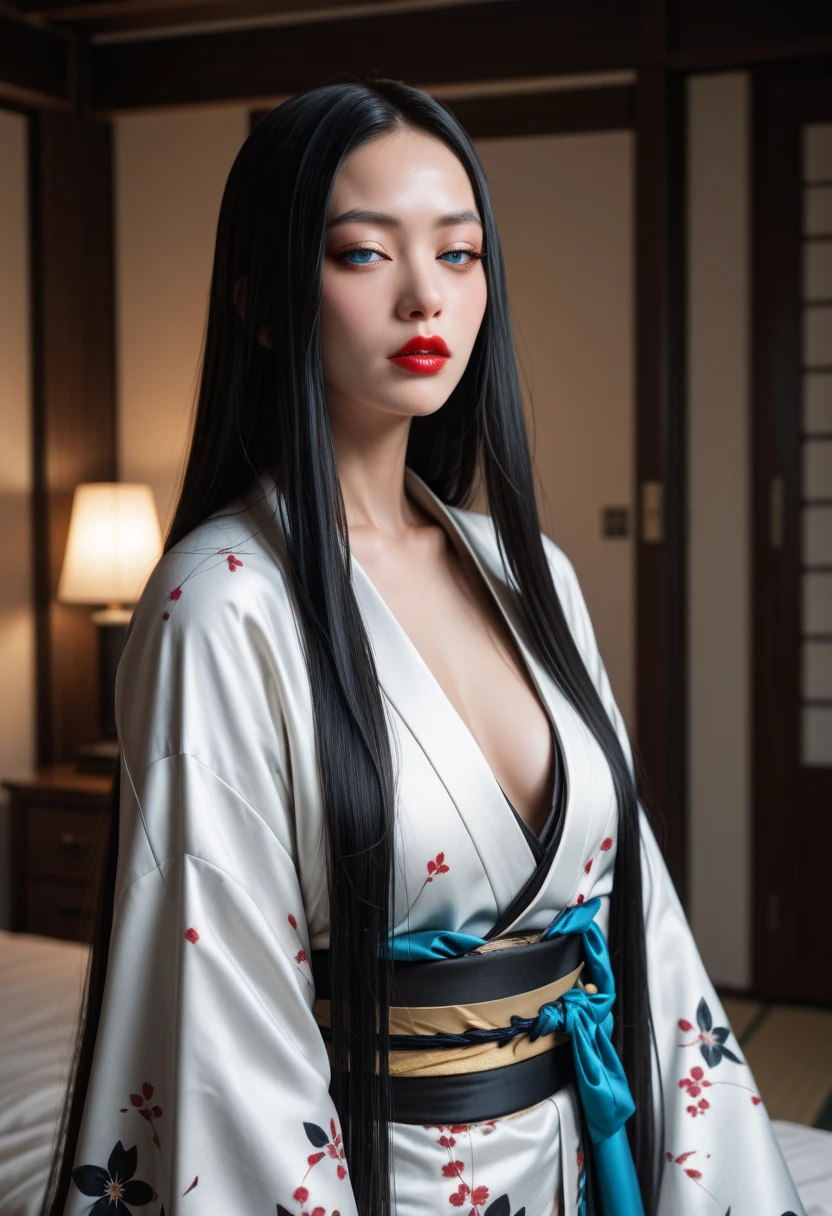 1fille, Unohana_, blue eyes, black hair,  Very Long Hair, straight hair, kimono noir, narrowed eyes,  Kimono semi-open
big boobs, lipstick
Room , lit, pose sexy