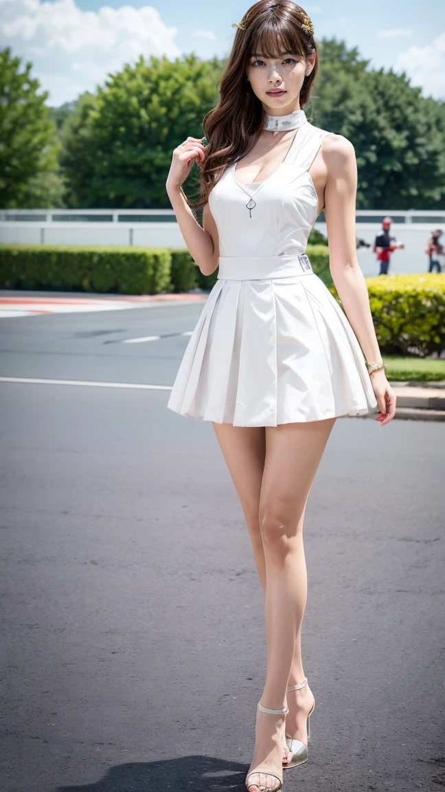 ((Full body:1.2,Voyeur from the side:1.2,from a distance:1.2)),(Very beautiful 13 year old Japanese skinny girl:1.4),A girl wearing a pure white frilly miniskirt dress,Pure white high heels,slim body shape,disproportionate breasts,huge Breasts,Embarrassing pose,Anxious expression,Looking Ahead,from below,realistic,best quality,ultra-detailed,high resolution