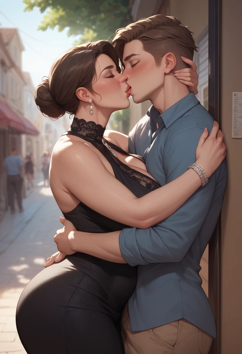 ((1 mature woman hugging 1  boy)),((tongue kissing)),(entangled),( She wears a thong)，((1 Naked Boy)),Delicate lip detailing，A MILF, trending on artstationh, intricate face details,Curvy physique, (Thick body),vibrant, 4K, 12k resolution,Seductive smile