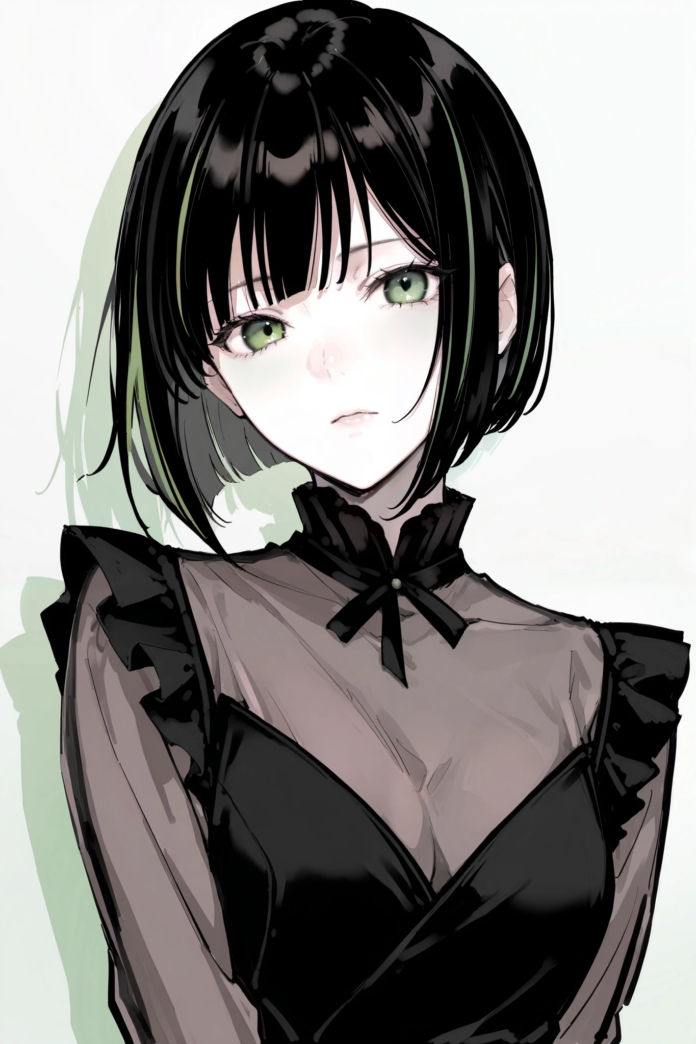 score_9, score_8_up, score_7_up, high detailed, high quality, masterpiece, no text, quality highlights, (masterpiece, best quality,very aesthetic), greyscale, 
1girl, masterpiece, beautiful, lovely, elegant, black hair, green eyes, bob cut, oni half mask, black outfit with green accents, 
