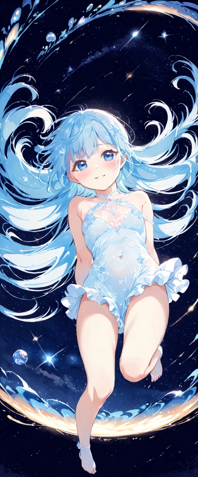 Cat ear、Gray-haired、((Light blue leotard))、(High leg)、Look forward、defeat、Black tights、No shoes on、Starry sky background、I can see your arms、Light blue eyes、tears、Embarrassing