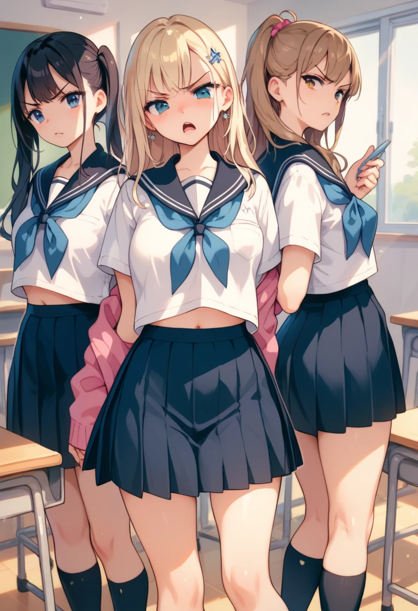 (masterpiece, high quality), (Multiple Girls), Female student, locker room, Mr..々underwear,(White panties), (Light blue panties),(Orange panties)School Costume, (Group selfie), Wide-angle, Soft Light,anger