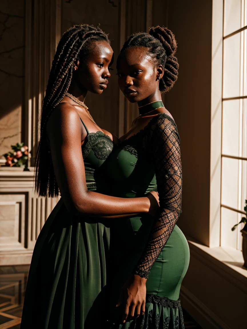 2 heads, 2 heads and three breasts, solo, close-up, pose, outside, double cleavage, Chinese, African American.