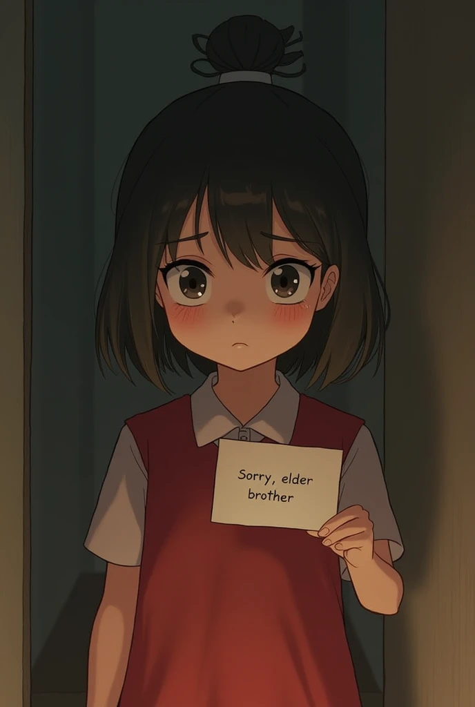 (sfw), (masterpiece:1.2), best quality, masterpiece, highres, original, extremely detailed wallpaper, (ultra-detailed), (best illustration), (best shadow), (Kobeni), small breasts, perky breasts, (white collared shirt), (blood stain:1.1), (horrified:1.2), (black necktie), (shirt stain), (stained), 1girl, looking at viewer, (scared:1.2), (tears:1.1), (brown eyes), (peace sign),