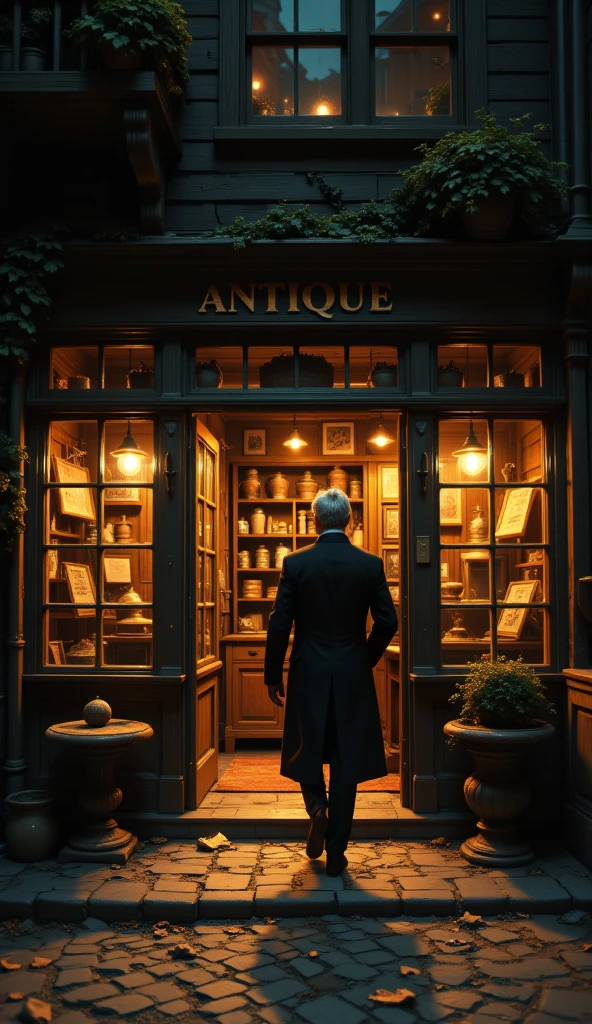 A man in a black overcoat leaving the antique store