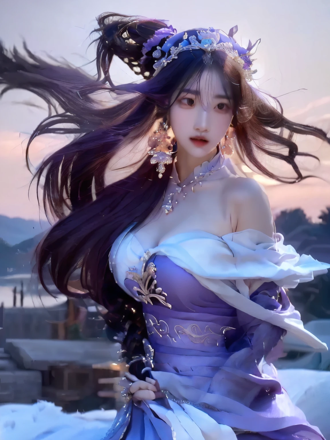 Realistic、(masterpiece、Highest quality、Highest quality、Official Art、beautifully、aesthetic:1.2)、Very detailed、woman,people々々turn black:1.2,((Backlight:1.2)),Fractal Art、colorful、The finest details、Tangled、(The background is bright and abstract:1.5)Silver Hair、Bright Eyes、Back to all、Masseter region,High resolution,1people々Girl、Idol、close、clavicle、photograph、movie、Written boundary depth、Local order、Eyes from below,Long Hair,View your audience、Cleavage,((surrealist clothes:1.4)),Puffy eyes,sit,(Big Breasts)
