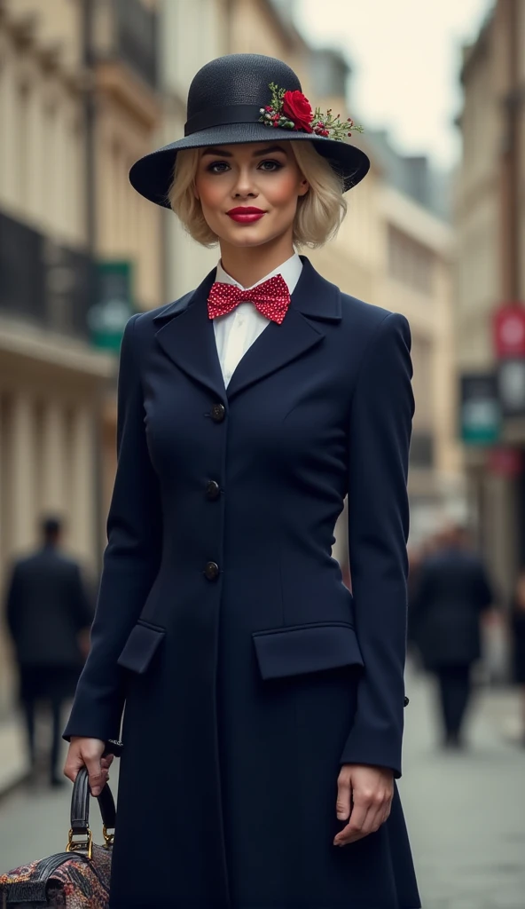 Create a realistic and sexy depiction of Elsa Jean  as Mary Poppins. She is wearing a tailored navy-blue coat with a fitted waist and flared hem, buttoned neatly over a crisp white blouse with a red and white polka-dot bow tie at the collar. She holds a black umbrella with a parrot-shaped handle in one hand and an intricately patterned vintage carpet bag in muted tones in the other. Her short, wavy blonde hair is styled neatly beneath a black straw boater hat adorned with a small red flower and delicate berries. Her makeup is classic, with rosy cheeks and soft red lipstick, complementing her warm, refined look. The background is an Edwardian London street scene, softly lit to evoke a magical and nostalgic atmosphere



