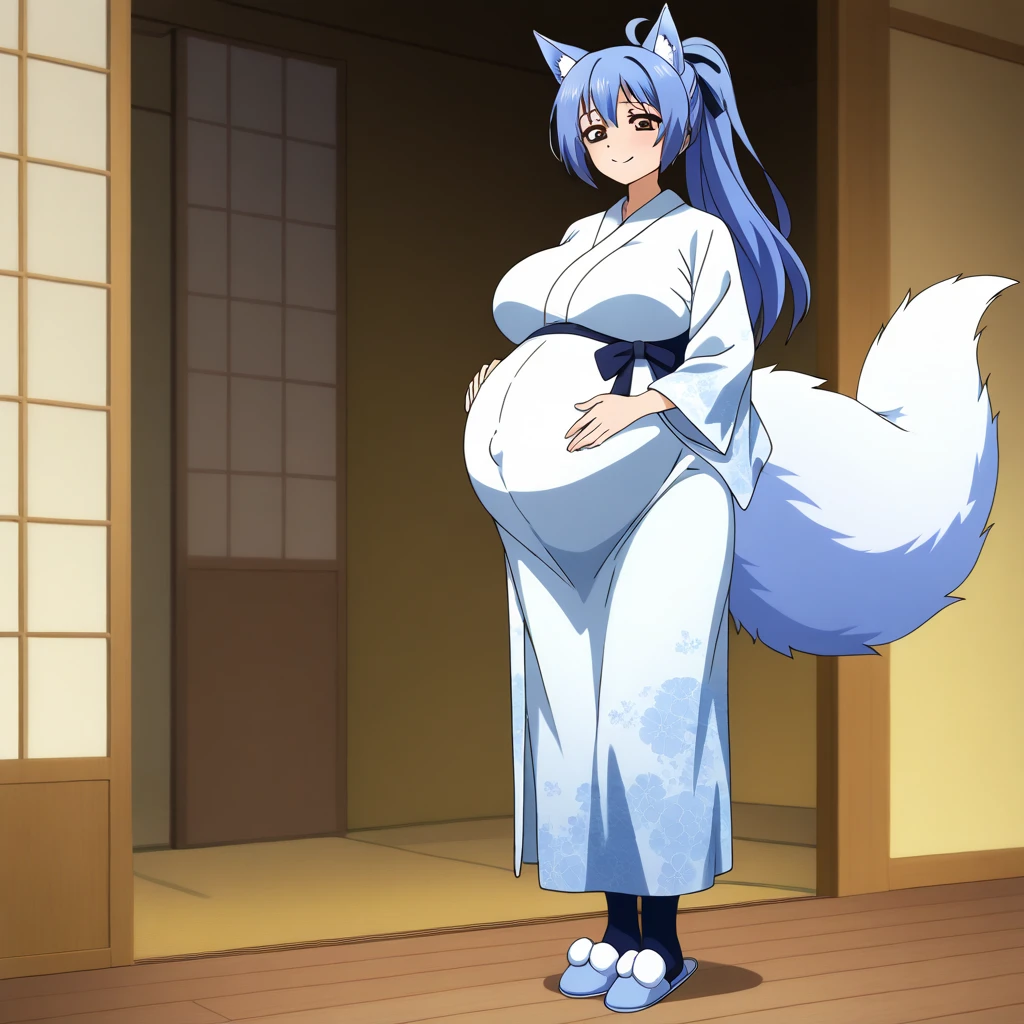 anime girl, long hair, big pregnant , brown eyes , very big breasts, very big belly , hyper-pregnant girl , keep your finger on the pulse , the biggest belly , anime style, high resolution, blue hair, big breasts, hyper-pregnant girl with a big belly, blue hair, full height, hair gathered in ponytail, smiling,whole body covered with wool, fox ears, long fluffy tail, standing tall, blue and white yukata kimono dress,blue tights,blue slippers,big pregnant belly,big large breasts,big hyperpregnant belly,big hyper large breasts