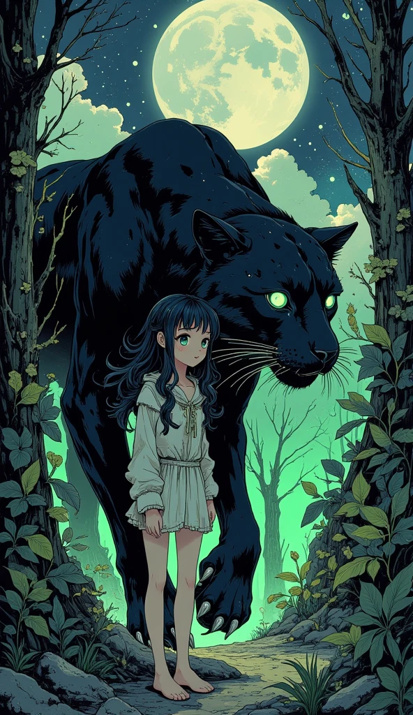  A beautiful young Korean woman .
 black hair, Foot-length .
sparkling green eyes, dazzling , bioluminescentes. 
It's turning into a black panther.
in the background a forest, on a full moon night.
32K, HDR, UHD. 