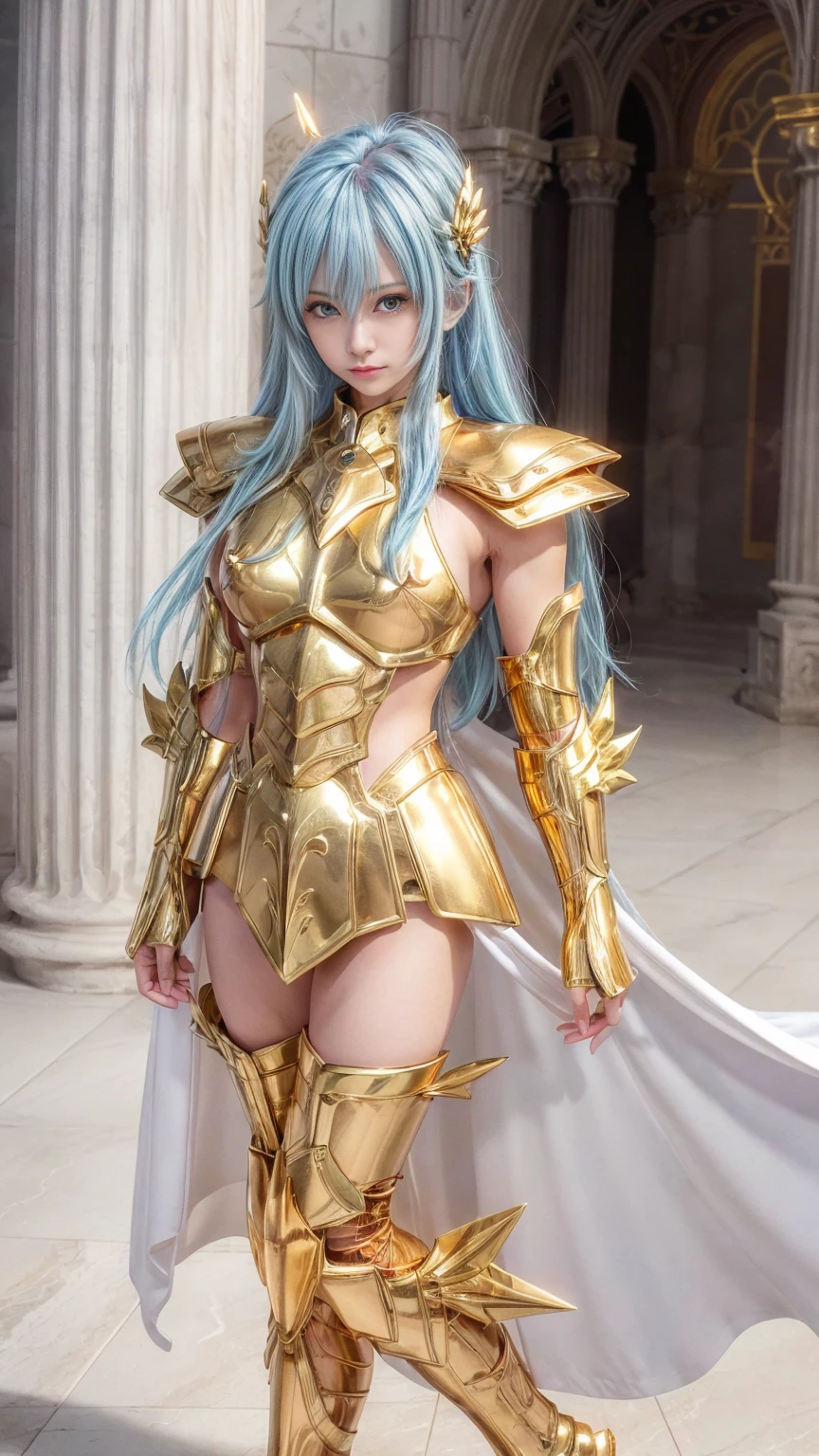 (masutepiece), Professional , masterpiece、top-quality、photos realistic , depth of fields (Gemstone White Metal Body:1.9),(Matte White Pink、Jewel Gold Weapon、(School background)、(ultimate beauty girl)、Particles of light、 Hold two handed Sword of the Brave , blue boot with heels),(blue hair) ,warhammer 40k , Mystical expression、cleavage of the breast、1girl、dynamic angle, (((Diamond tiara with detail and luxury)))、Powerful poses, 20 year old beautiful woman、Stand in the center of the screen、Straight long hair、(micro bikini)、Hair fluttering in the wind、face forwards、Look at viewers、(full body)