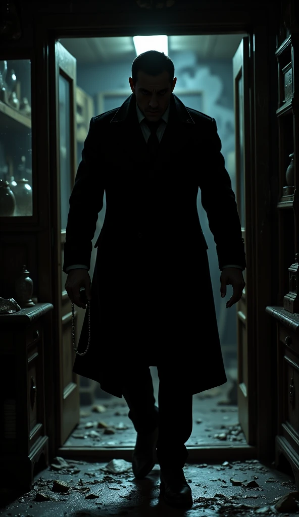 a man in a black overcoat ,coming out of the shadows, Leaving the antique store with a pearl necklace, no lighting,   with an air of mystery and dark 