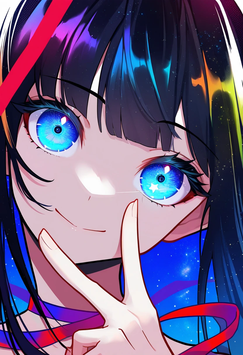 1girl, solo, colorful, eye focus, eyelashes, glowing, head tilt, long hair, looking at viewer, red ribbon, ribbon, star \(sky\), star \(symbol\), v over mouth, smile, closed mouth, black hair, portrait, close-up, masterpiece, best quality, newest, very awa
