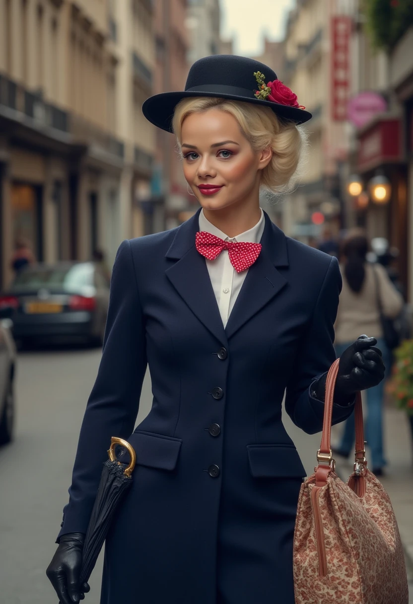 Create a realistic and sexy depiction of Elsa Jean  as Mary Poppins. She is wearing a tailored navy-blue coat with a fitted waist and flared hem, buttoned neatly over a crisp white blouse with a red and white polka-dot bow tie at the collar. She holds a black umbrella with a parrot-shaped handle in one hand and an intricately patterned vintage carpet bag in muted tones in the other. Her short, wavy blonde hair is styled neatly beneath a black straw boater hat adorned with a small red flower and delicate berries. Her makeup is classic, with rosy cheeks and soft red lipstick, complementing her warm, refined look. The background is an Edwardian London street scene, softly lit to evoke a magical and nostalgic atmosphere



