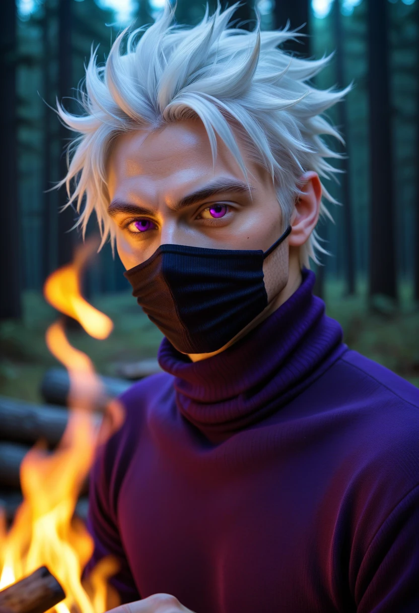 masterpiece, best quality, , , looking at viewer, , 1boy, solo, male focus, toge_inumaki, white hair, purple eyes, spiked hair, covered mouth, turtleneck, high collar, gakuran, close-up, cabin, forest, campfire, dawn, victory pose, distracted, aloof, oblivious,