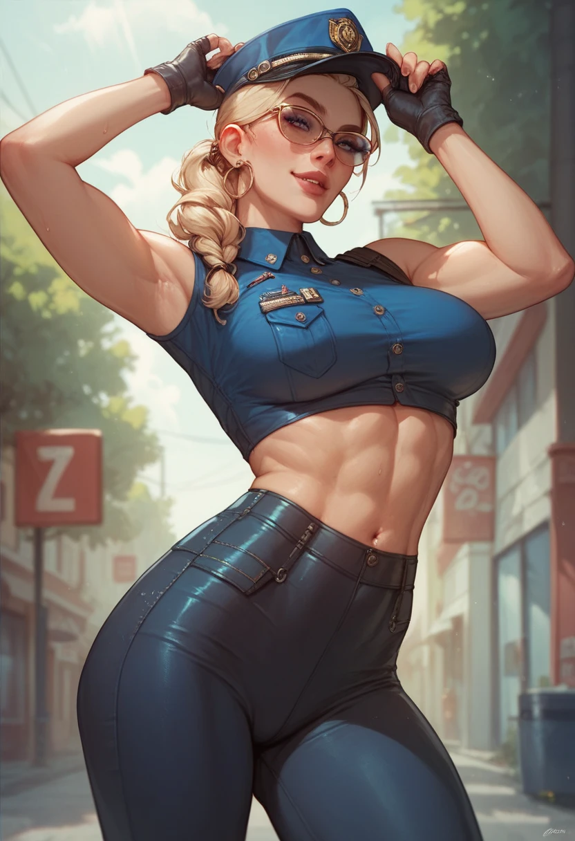 unparalleled masterpiece, ultra realistic 8k CG, perfect artwork, (1girl:1.1) , solo, ((perfect female figure)), (nsfw), looking at viewer, mature female, bimbo (android 18) standing, (teasing), best quality:1.1 , seductive posture, sexy pose, alluring, (beautiful), (curvy), (thick), blonde hair, (blue eyes:1.2), short hair, earrings, jewelry, denim vest, open vest, black pantyhose, black shirt, denim skirt, striped long sleeves, blue skirt, toned legs, fit, (abs:1.1), (big butt:1.4), peach ass, (athletic body:1.2), (large breasts:1.3, (big_breasts:1.1), wide_hips:1.5, narrow waist, small waist:1.5, slender body:1.2, thick thighs:1.3), (shiny skin:1.2), (hdr), (street:1.2), Nikon D850 film stock photograph Kodak Portra 400 camera f1.6 lens, rich colors, lifelike texture, dramatic lighting, unreal engine, trending on ArtStation, by Gerald Brom, by Frank Frazetta, by Luis Royo, by Julie Bell, by Boris Vallejo