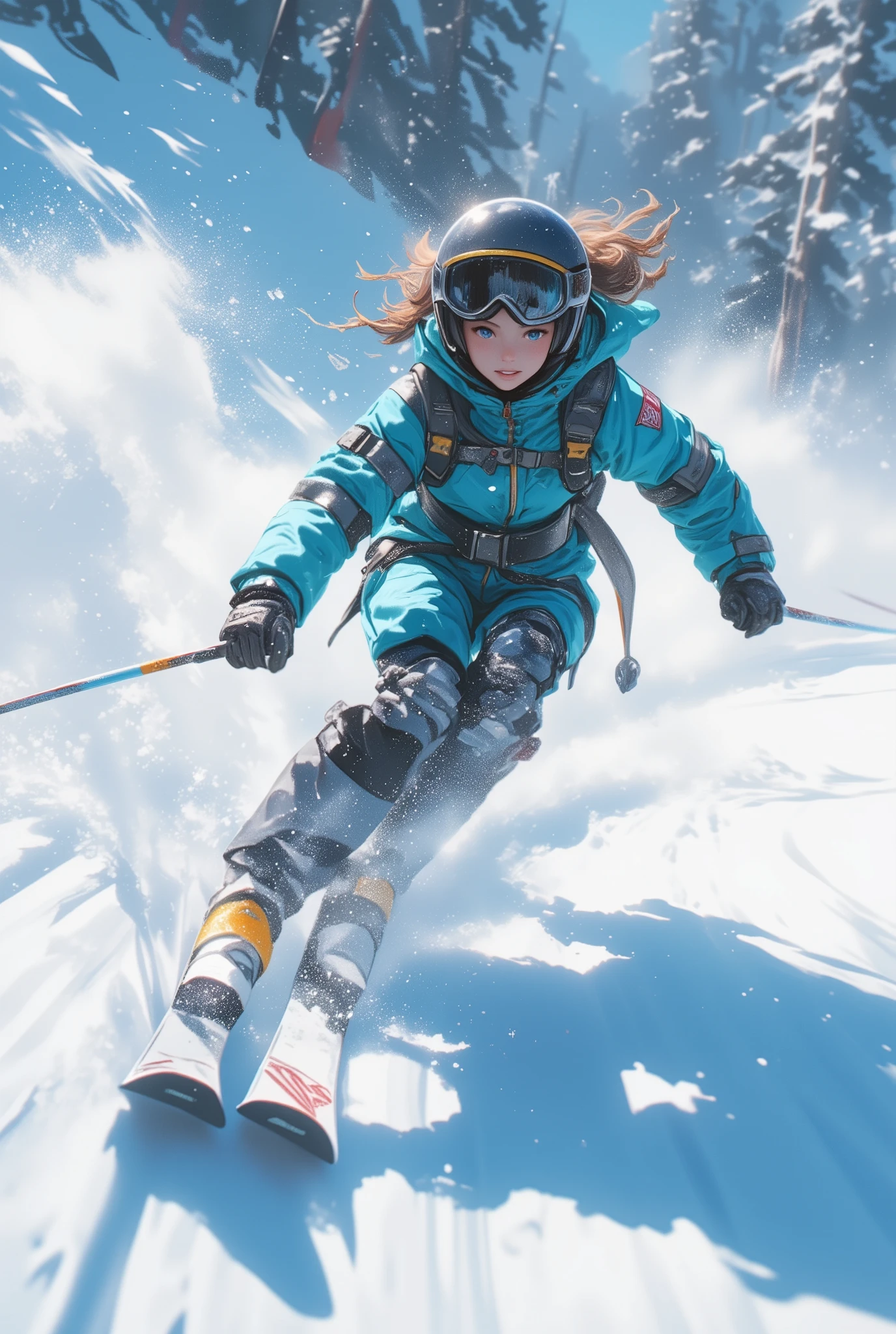 close up shot of a girl ski grinding in the snow in motion blur