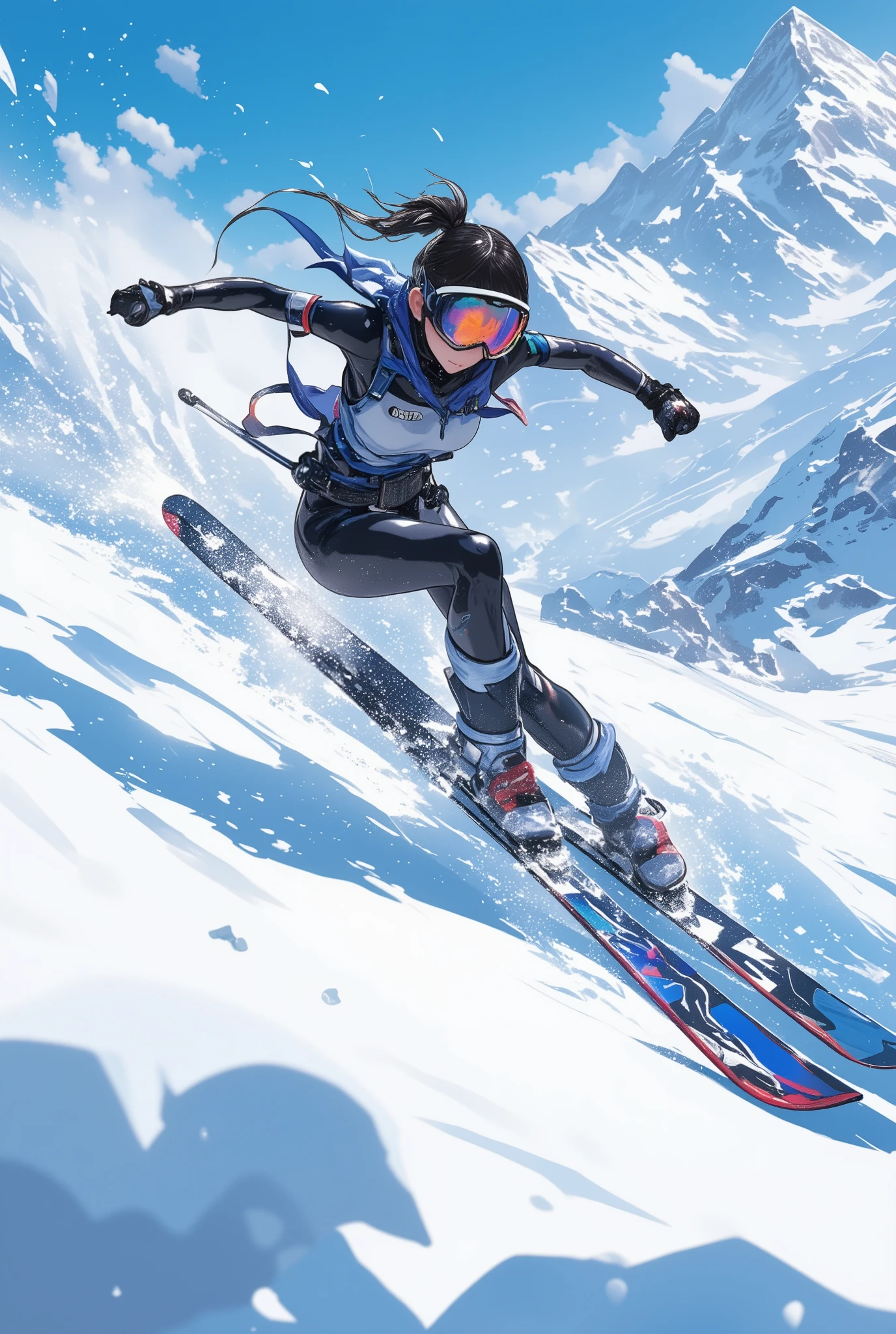 close up shot of a girl ski grinding in the snow in motion blur