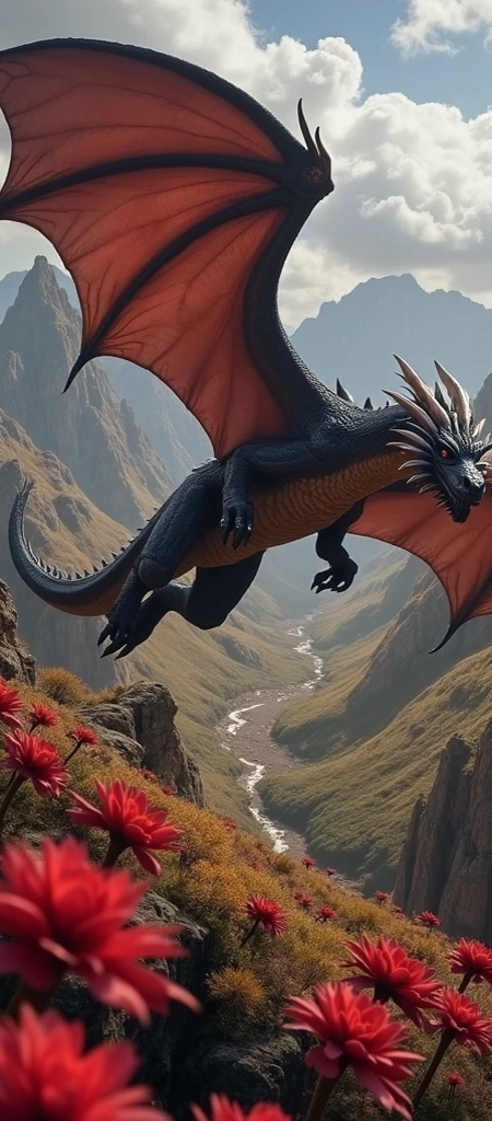 Very large black dragon resembling those from Game of Thrones accompanied by a smaller golden dragon
