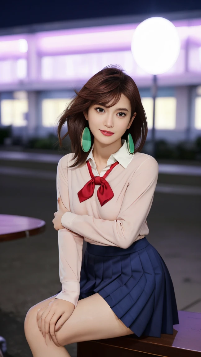 extremely high quality photo, Momo Ayase, sharp focus, realistic, source_photo, proper alignment, young Japanese model, cafe setting, city at night background, glamorous, sexy, seductive, portrait, detailed face, smiling, close up, ayase_wz, medium hair, brown hair, brown eyes, large breasts, chocker, choker, red bowtie,  opened long sleeves, blue skirt, pleated skirt, school uniform, short skirt, earrings, loose socks, white socks, black lace bra