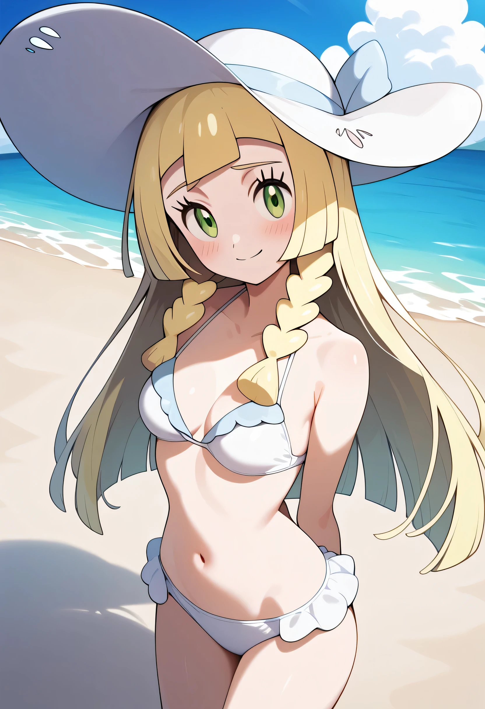 ((8k, top quality, masterpiece: 1.3)),best quality, ultra high res,score_9, score_8_up, score_7_up, score_6_up, score_5_up, score_4_up, source_anime, lillie, long hair, blonde hair, green eyes, Cute bikini,navel,Beach , standing, medium breast, smile, frilled bikini,Arms behind back,embarrassing, sun hat, white headwear, looking at viewer,White bikini