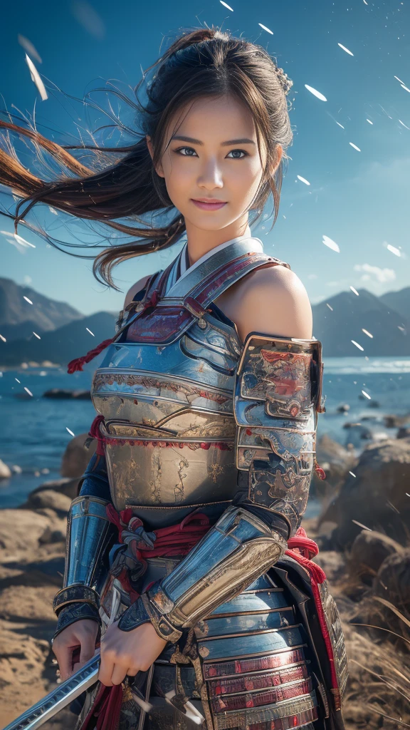 (RAW shooting,  Photorealistic:1.5, 8k,  top quality, masterpiece,  super high resolution ), Sengoku, case,  battles burning everywhere :1.2,  perfect dynamic configuration :1.2, Highly Detailed Skin and Face Textures :1.2,   slim female samurai wearing sexy armor and holding sharp Japanese swords:1.3, fight:1.2,  beautifully refined ,  cute and sexy beauty ,  perfect style:1.2, Wear an exquisite ring, , water, wind, thunder, ice,  white skin,  very beautiful face , ( Big Breasts , Chest gap), ( embarrassed smile ,  your expression when you feel intense caress,  Expression When Feeling Pleasure), (セクシーな甲冑を着て:1.2,  off shoulder :1.1), ( beautiful blue eyes,  Beautiful Eros Eyes :0.8), (Overly sensual:0.9,  seductive :0.9),   full body shot 