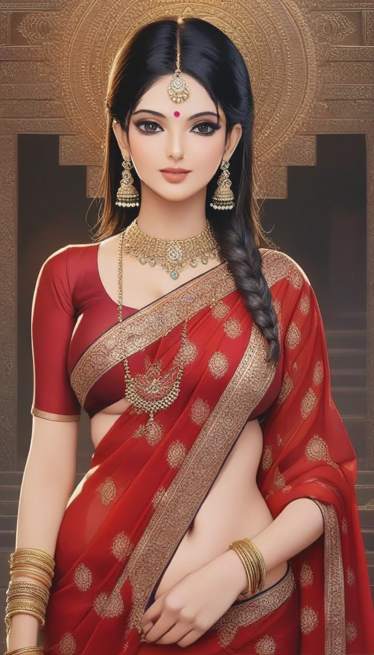 Hot milf,red saree, long silver jhumki earrings, lipstick, black hair, medium sagging breasts, cleavage ,makeup, red blouse ,navel, eyeliner, eyeshadow, detailed art style,long jewellery, multiple necklace,long necklace,bangles, accessories , intricate patterns on saree,long necklace, realistic skin, realistic saree ,hair braid 