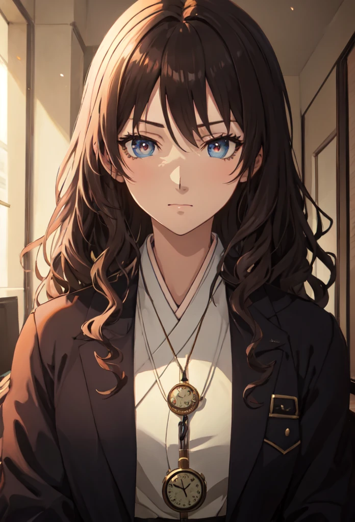 Monocle (right), pocket watch, wavy hair, black, dark blue bachelor's robe, best quality, masterpiece, high resolution, alone, portrait Japanese anime style, 12, looking at the viewer, cross pupils