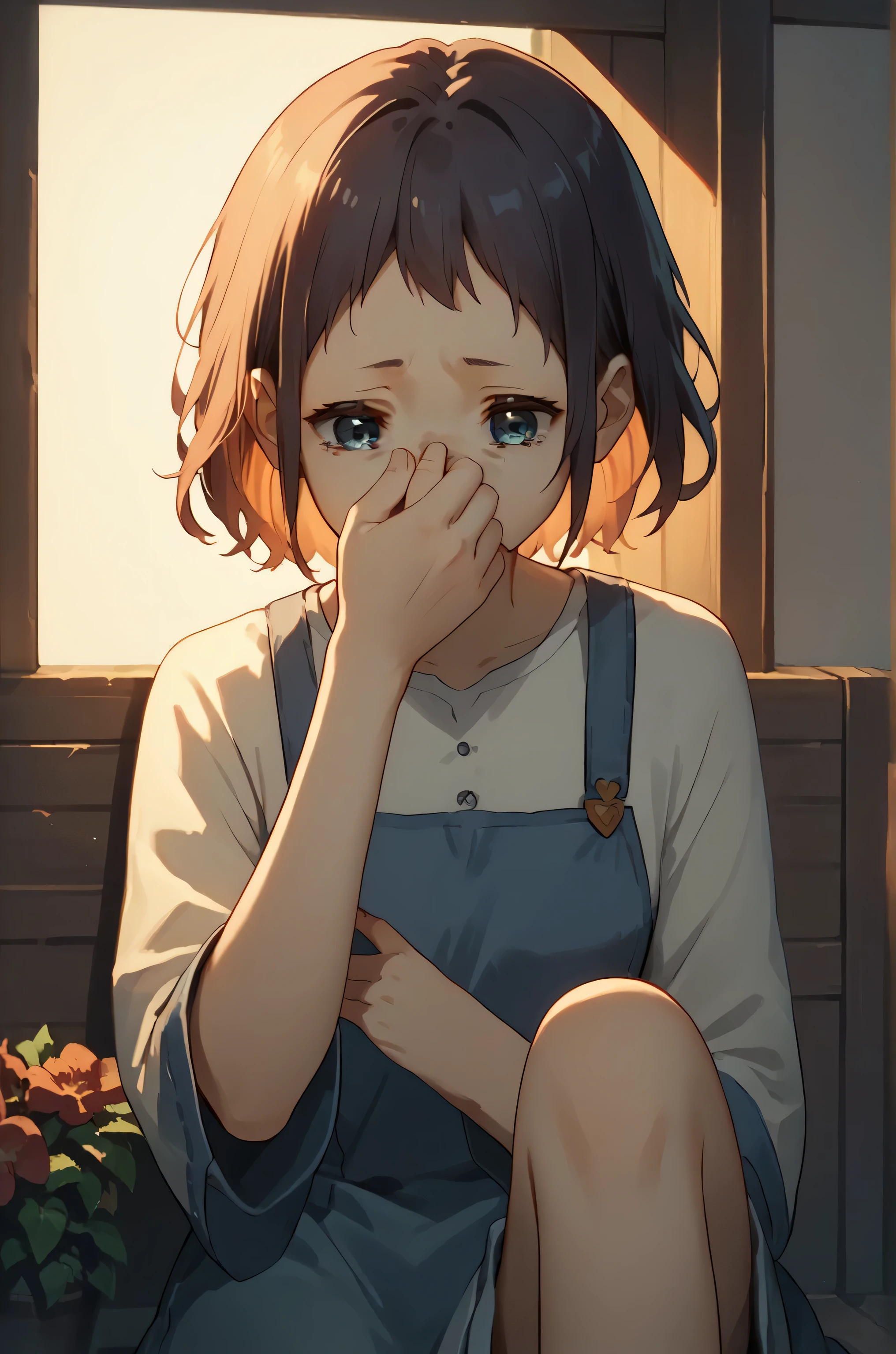 score_9, score_8_up, score_7_up,source_anime, s3lfn0s3p1nch, nose pinch, self, hand up, 1girl_\(ai_shindou\), sad face, holding self feet, feet near face, leg up, masterpiece, aesthetic, volumetric lighting, farm background