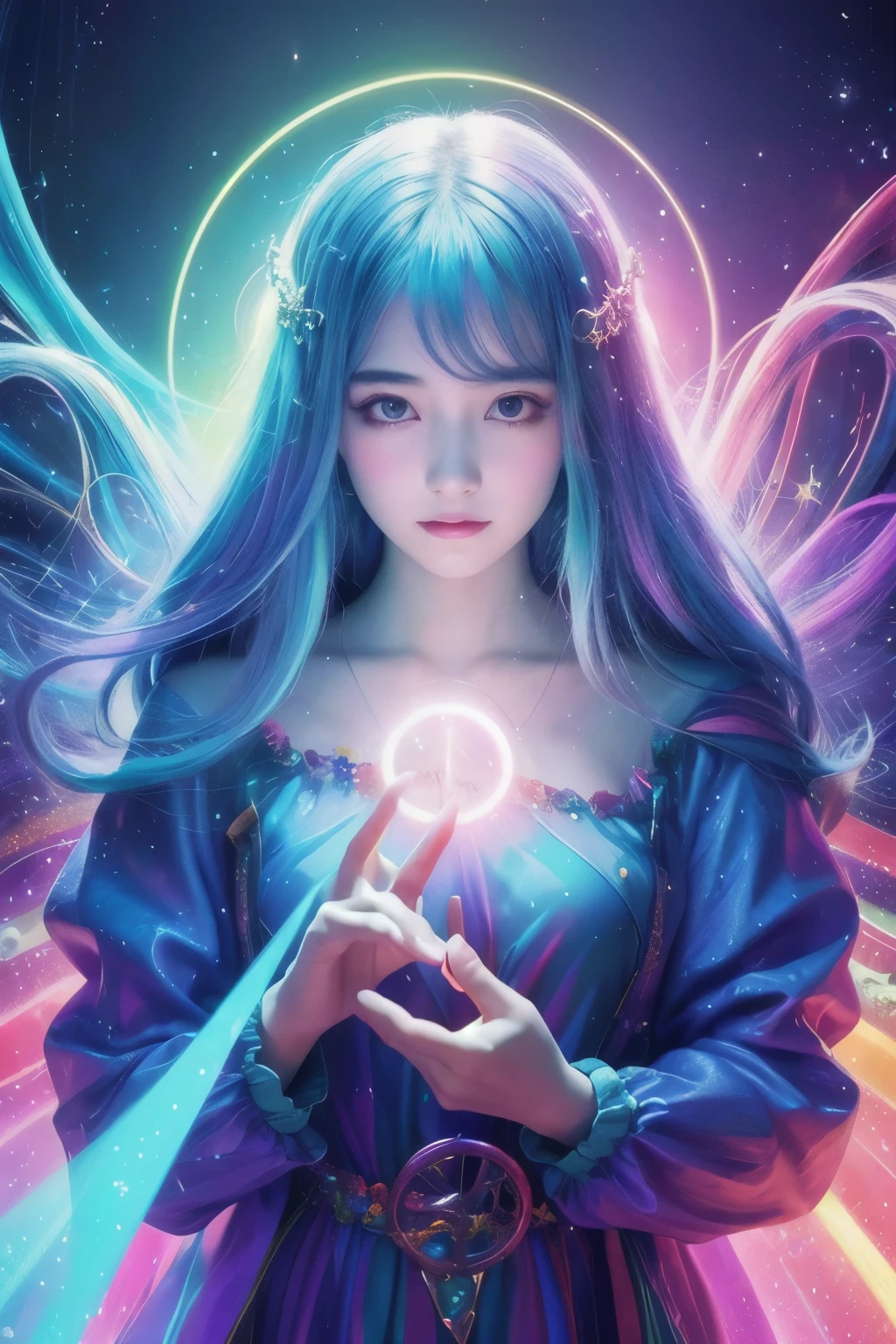 A space goddess overflowing with transparency Colorful sparkling flowers