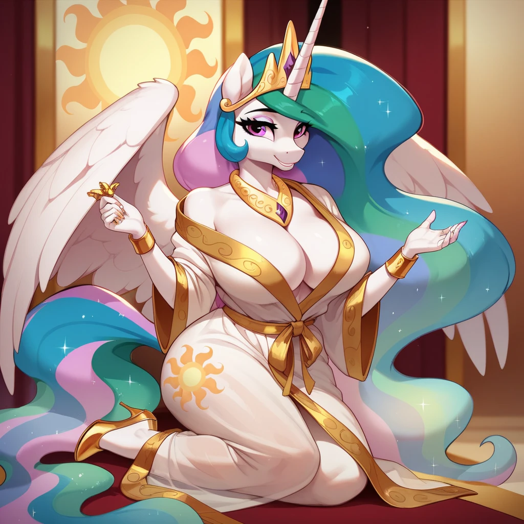 score_9, score_8_up, score_7_up, Princess Celestia mlp, G4, anthro, 1girl, pink eyes, solo, tight purple sexy skirt, golden high heels, large breasts, cleavage, jewellery, 1girl, solo