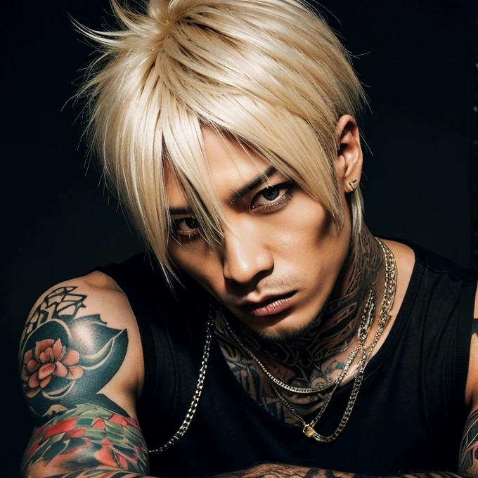 Japanese gothic rocker man, male, Asian eyes, muscular, broad shoulders, yakuza tattoos, hairstyle Visual Kei style, hair Visual Kei, black men's shirt and black pants, ultra detailed face, hyperrealistic, realistic representation,  30 years old, age 30 years,, blonde hair