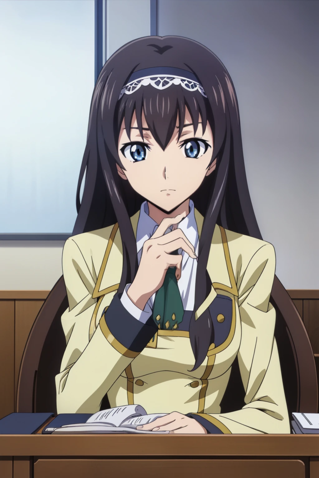 upper body, 1 girl, cute, black hair, long hair, ((hair band)), (Sitting on chair in a lecture room at the school and writing a sentence in a notebook), (School Uniform), (In a lecture room at the school), (anime cels style, Masterpiece, best quality, high resolution, anime colored, megami magazine:1.2, anime poster style, anime keyvisual, sharp, 8k, photorealistic), beautiful eyes, (perfect anatomy, perfect hand)