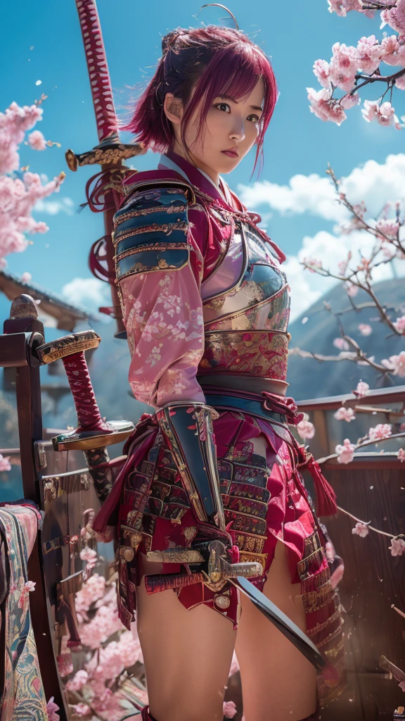  Sexy female character wearing red armor as a warrior from the Sengoku period 、(acrobatic pose)、(acrobatic angle)、((The moment you pull out a sword))、((( Draw your sword、Iai、)))、((very short hair))、((Hot pink hair))、((toned body))、(glistening skin)、 toned body、((mega breasts 1.8))、 plump breasts 、 plump thighs、 The pink armor with a plum blossom pattern engraved on it is a bikini type and is designed to emphasize chest exposure、(  wearing a plum blossom patterned cape )、peplum skirt、Red shin guard with plum blossom engraved on it 、Pink high-leg underwear 、Red tights 、 absolute domain、Inverted skirt、Dramatic lighting、((Clear Sky Thunderbolt))、(( Plum blossoms in full bloom in the background ))、(( Large plum blossoms in full bloom on the front ))、 cinema-like scene  、 Max Image、 Ultra High Definition、8k