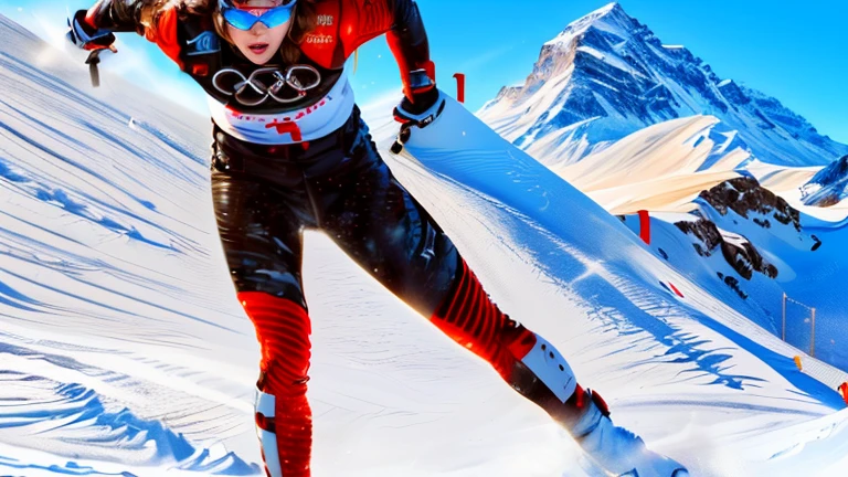 a woman, anime style ski sprinter, detailed face, photo-realistic, (best quality,4k,8k,highres,masterpiece:1.2),ultra-detailed,(realistic,photorealistic,photo-realistic:1.37),beautiful detailed eyes,beautiful detailed lips,extremely detailed eyes and face,long eyelashes,blue and black and red ski sprinter clothes,studio lighting,vivid colors,dynamic pose,action scene,snowy mountains background