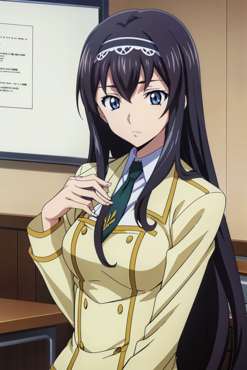 upper body, from side, 1 girl, cute, black hair, long hair, ((hair band)), (Sitting on chair in a lecture room at the school and writing a sentence in a notebook), (School Uniform), (In a lecture room at the school), (anime cels style, Masterpiece, best quality, high resolution, anime colored, megami magazine:1.2, anime poster style, anime keyvisual, sharp, 8k, photorealistic), beautiful eyes, (perfect anatomy, perfect hand)