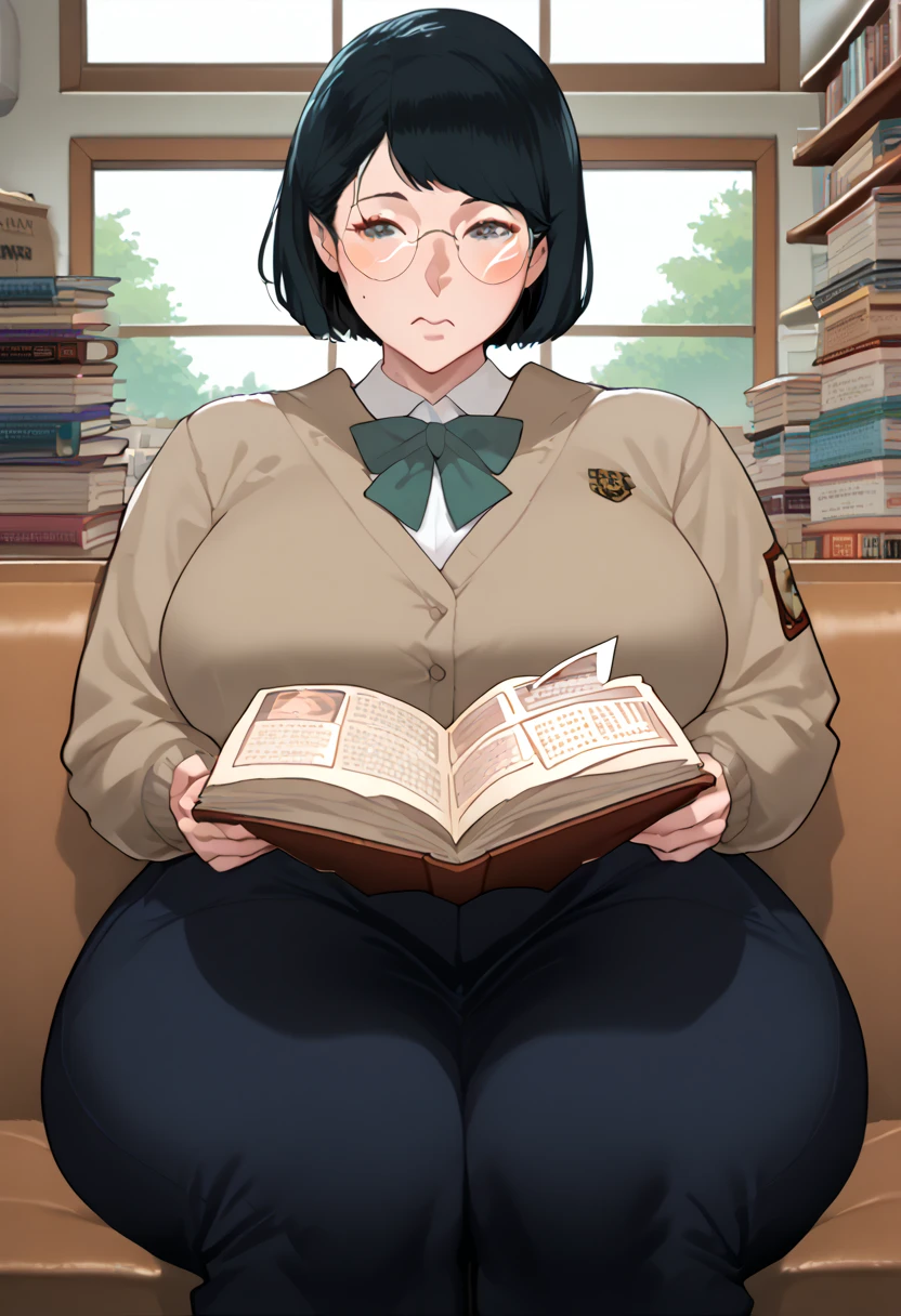 Female,short bob hairstyles,round glasses,shy face, gigantic boobs, gigantic ass, japanese school girl uniform,black hair,reading a book,sitting on a chair next to a window,front view,