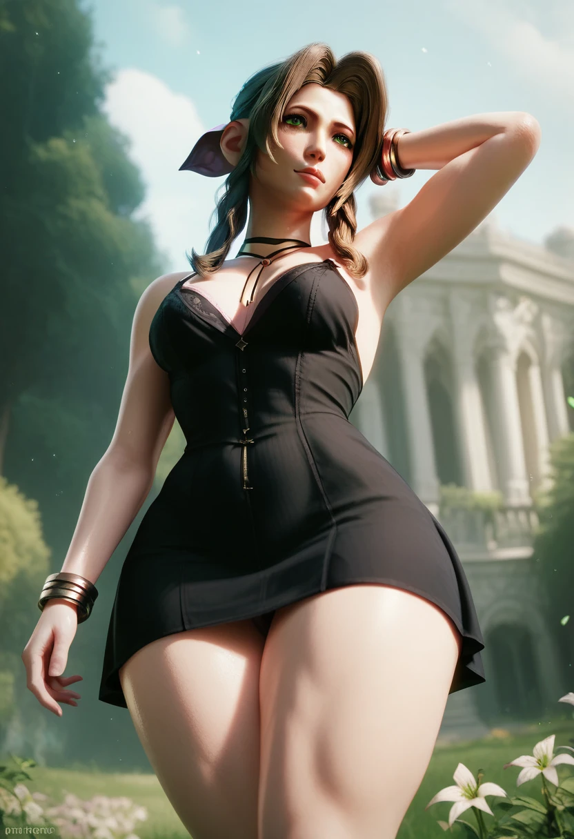  Aerith hair big curly hair green eyes medium tits healed abdomen thick thighs Grande walking in the cemetery sexy black black dress