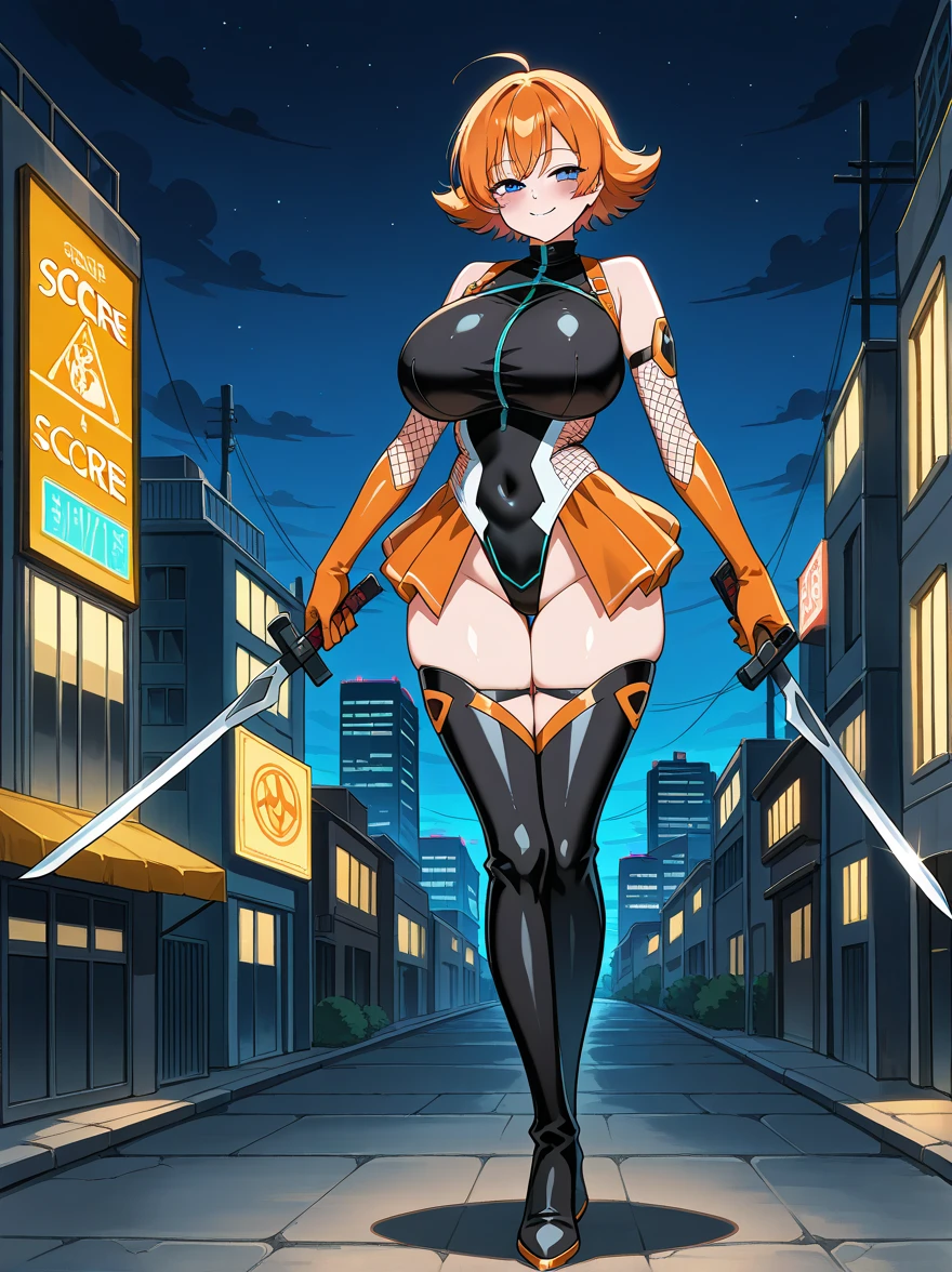 score_9, score_8_up, score_7_up, score_6_up, score_5_up, source_anime, uncensored, BREAK, IgawaSakuraXL, 1girl, full body, A girl is standing and holding short swords in dual wielding, looking at viewer, seductive smile, blush, orange hair, short hair, flipped hair, blue eyes, curvy, huge breasts, thighs, black highleg leotard, elbow gloves, fishnets, showgirl skirt, thigh boots, outdoors, night, city, 
