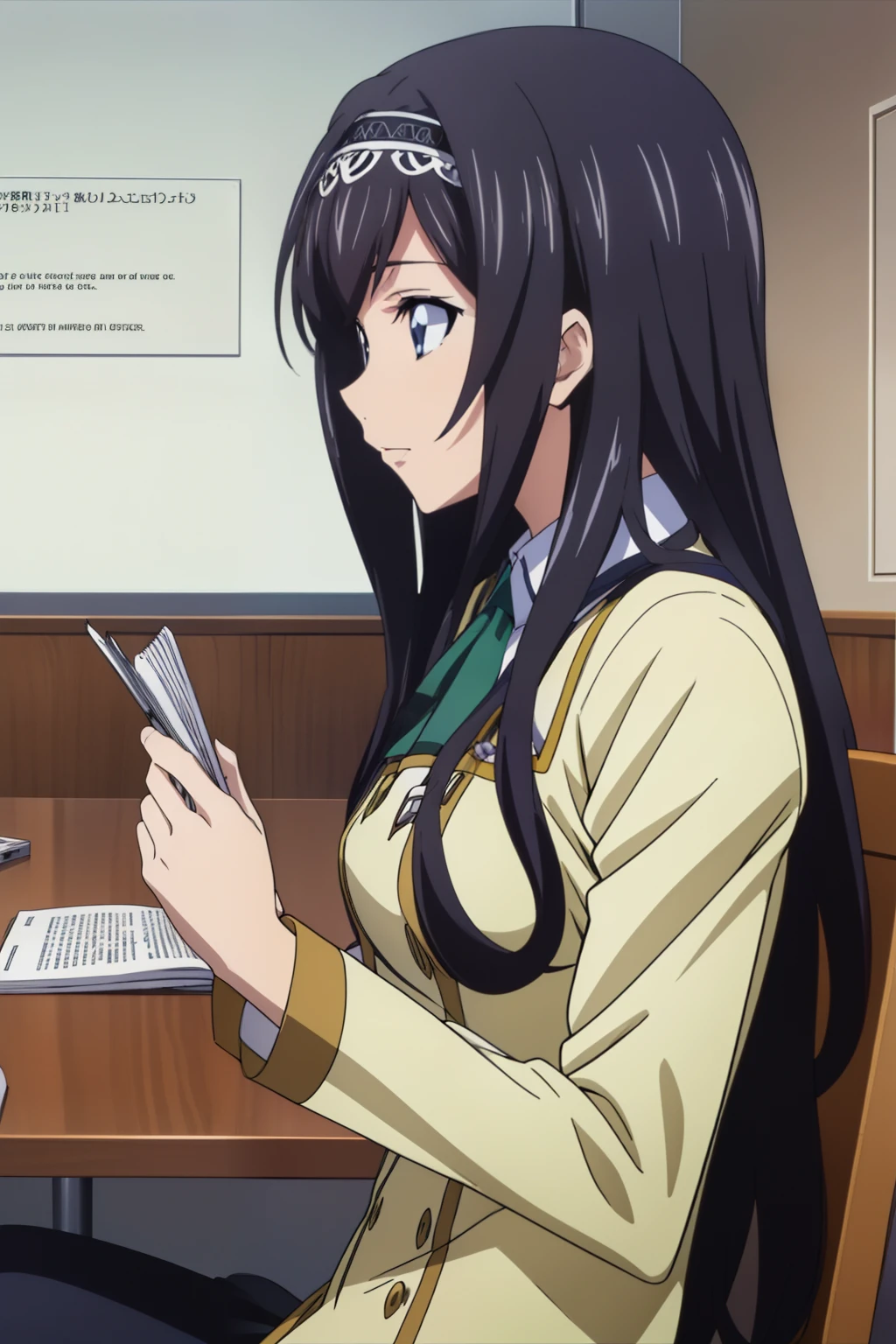 from side, 1 girl, cute, black hair, long hair, ((hair band)), (Sitting on chair in a lecture room at the school and writing a sentence in a notebook), studying, (School Uniform), (In a lecture room at the school), (anime cels style, Masterpiece, best quality, high resolution, anime colored, megami magazine:1.2, anime poster style, anime keyvisual, sharp, 8k, photorealistic), beautiful eyes, (perfect anatomy, perfect hand)