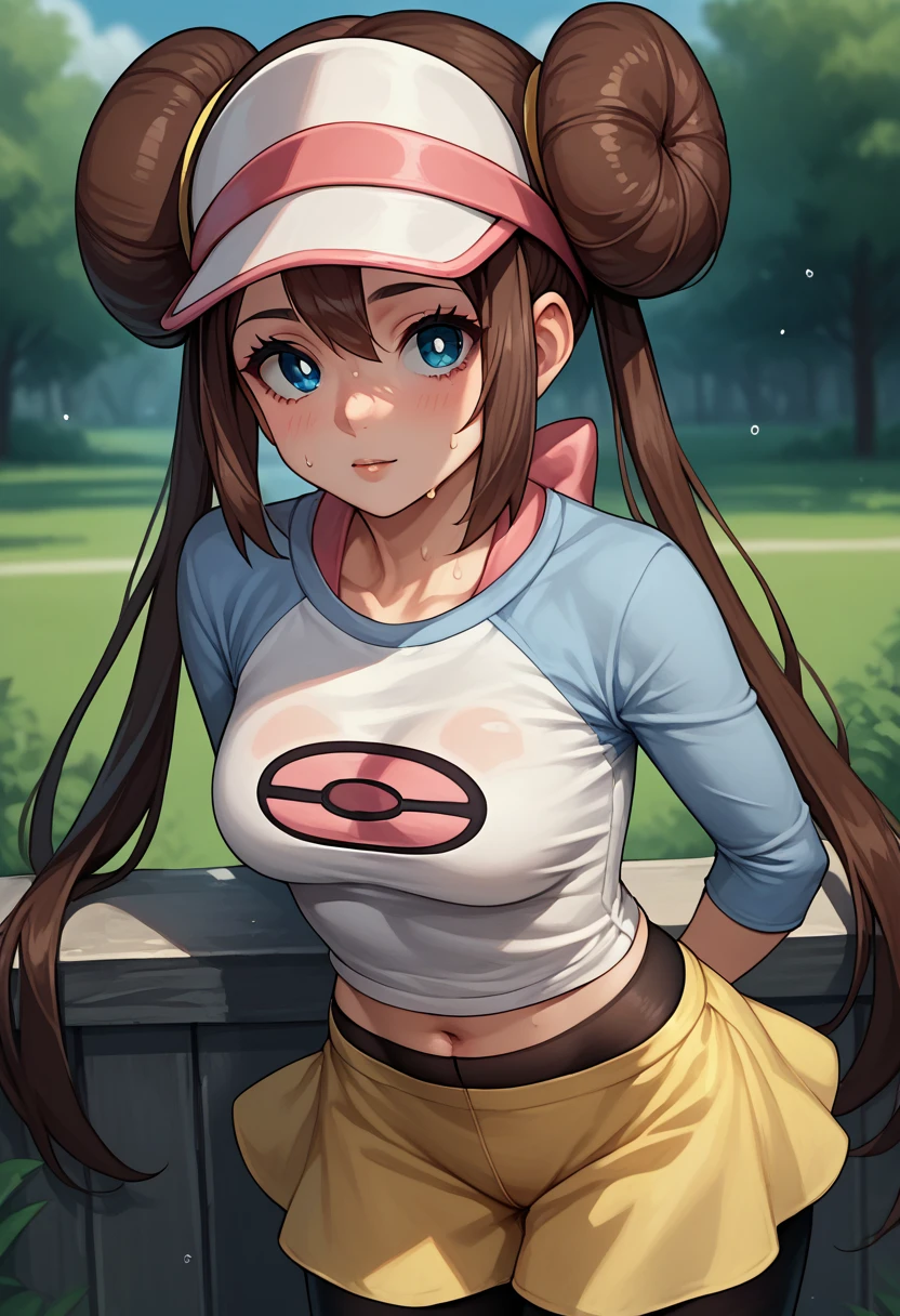 score_9, score_8_up, score_7_up, source_anime, 1girl, solo, outdoors, rosa, navel, sweating, sweat, leaning forward, hand in forehead, brown hair, double bun, doughnut hair bun, hair bun, blue eyes, hair between eyes, twintails, pantyhose, pantyhose under shorts, raglan sleeves, skirt, yellow skirt, white shirt, blue sleeves, long sleeves, visor cap, looking at viewer, cowboy shot,