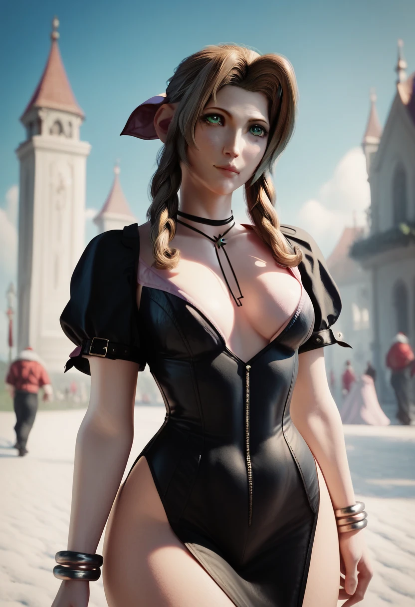  Aerith hair big curly hair green eyes medium breasts healed abdomen thick thighs Big walking in the cemetery sexy black black dress with Snow White clothes surrounded by dwarves