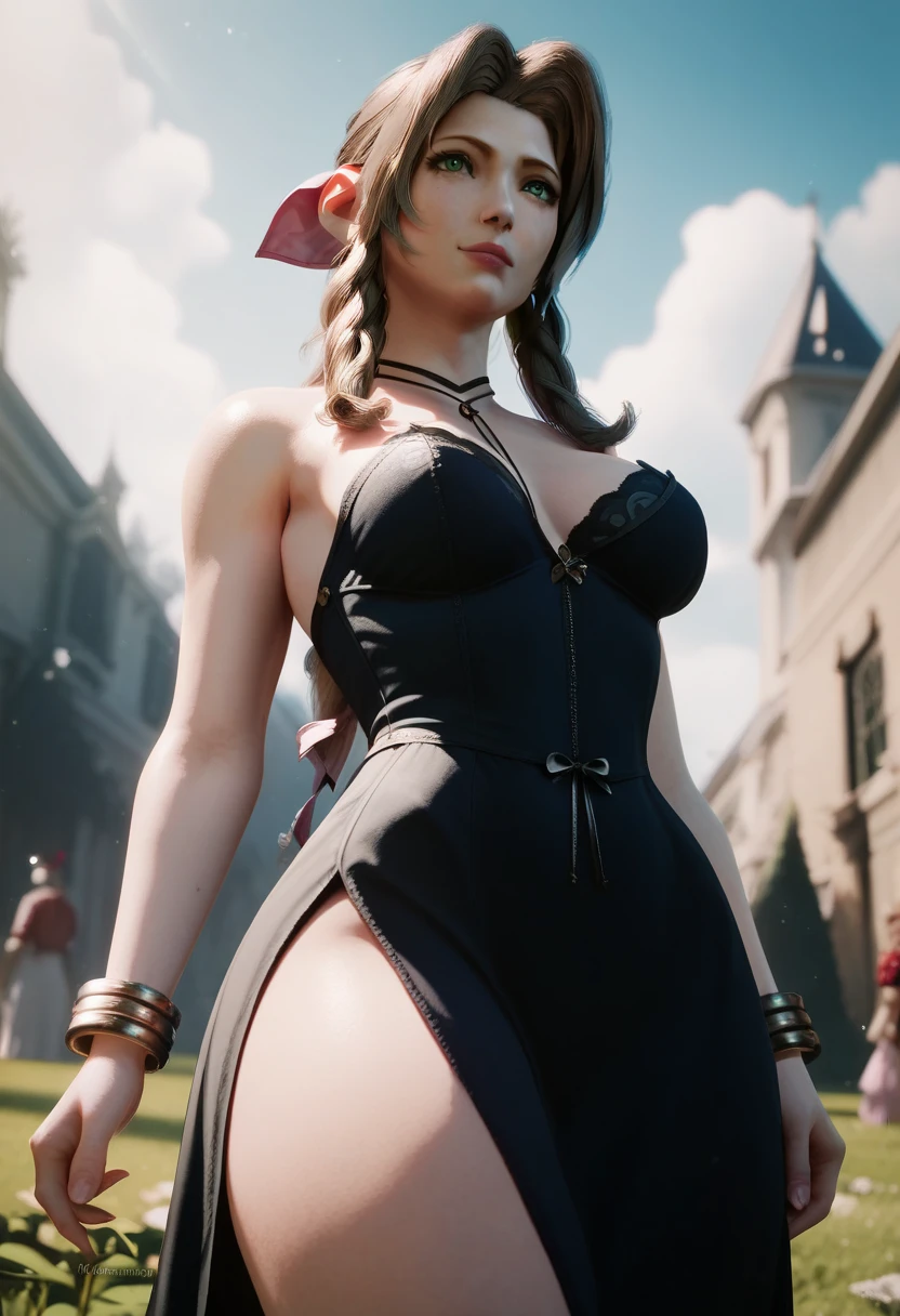  Aerith hair big curly hair green eyes medium breasts healed abdomen thick thighs Big walking in the cemetery sexy black black dress with Snow White clothes surrounded by dwarves