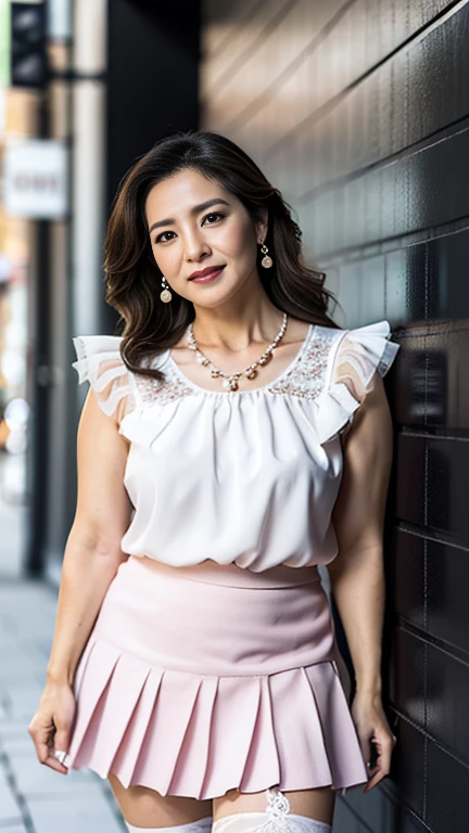 full body shot, from below,  japanese mature, 48 years old,  detailed face , Facial wrinkles, Wrinkles around the eyes, smile,  Detailed Skin Textures ,  white skin,  long hair , (curvy body:1.2), (earrings,  Necklaces ,  white blouse with ruffles:1.2), (pink tulle skirt, mini skirt:1.3), ( wears high heels:1.2), (Standing on the sidewalk,  full body shot from toe to head wearing black high heels:1.2), (surrealism, best quality, ultra detailed, absolutely resolution, 8k, anatomically correct), depth of field, looking at viewer, tachi-e, full body, (bimajo ),  detailed face , model posing