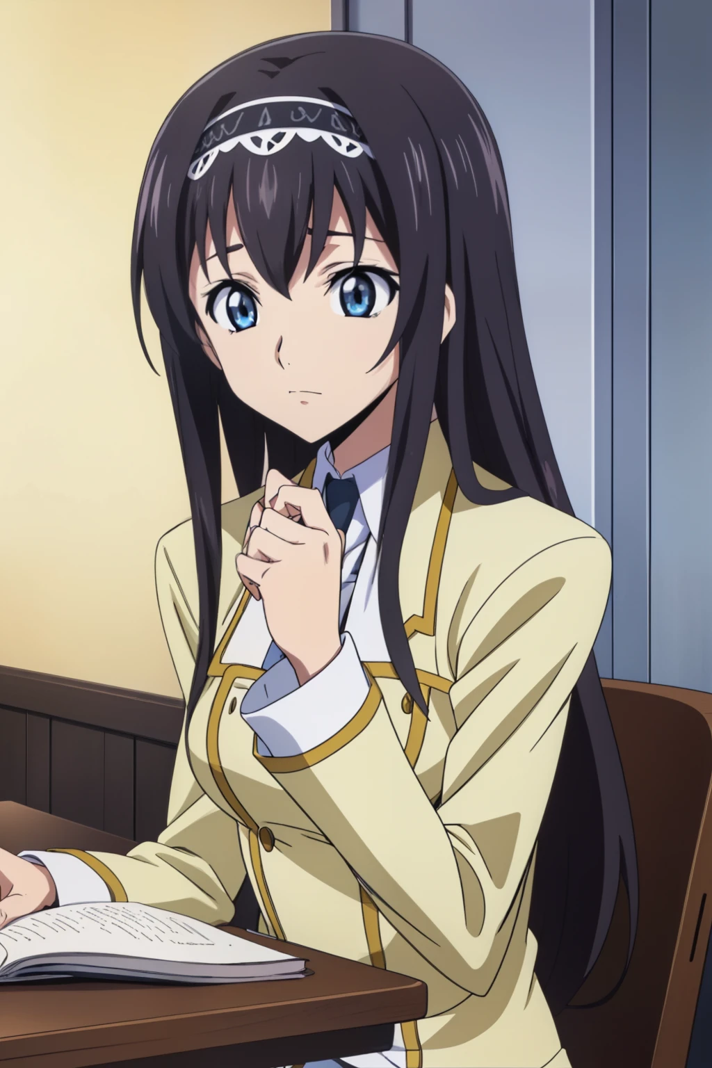 from side, upper body,  1 girl, cute, black hair, long hair, ((hair band)), (Sitting on chair in a lecture room at the school and writing in a notebook on desk), studying, (School Uniform), (In a lecture room at the school), (anime cels style, Masterpiece, best quality, high resolution, anime colored, megami magazine:1.2, anime poster style, anime keyvisual, sharp, 8k, photorealistic), beautiful eyes, (perfect anatomy, perfect hand)