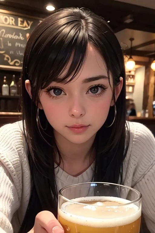 A close-up image of a woman drinking beer, focusing on her mouth as she sips from a frothy glass. The setting is a cozy, warmly lit pub atmosphere, with blurred background elements to highlight the subject's mouth and the beer glass. The woman's lips touch the edge of the glass, capturing a small detail of foam on the glass. The mood is casual and inviting.