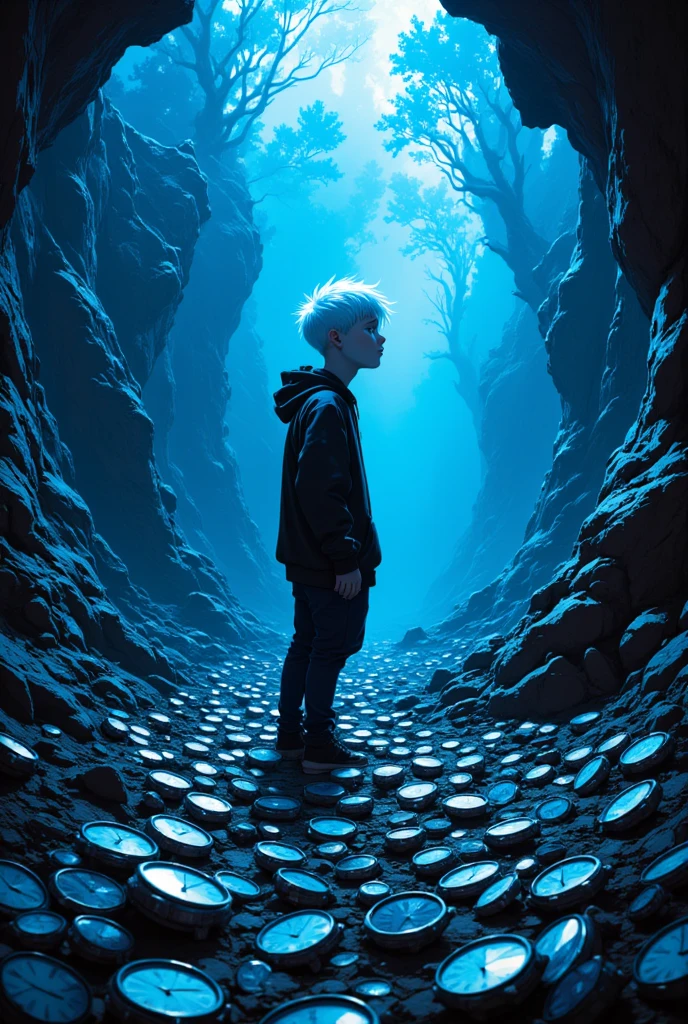 White boy in black pants , in black sweatshirt,  and white hair in blue hell with thousands of watches on the floor