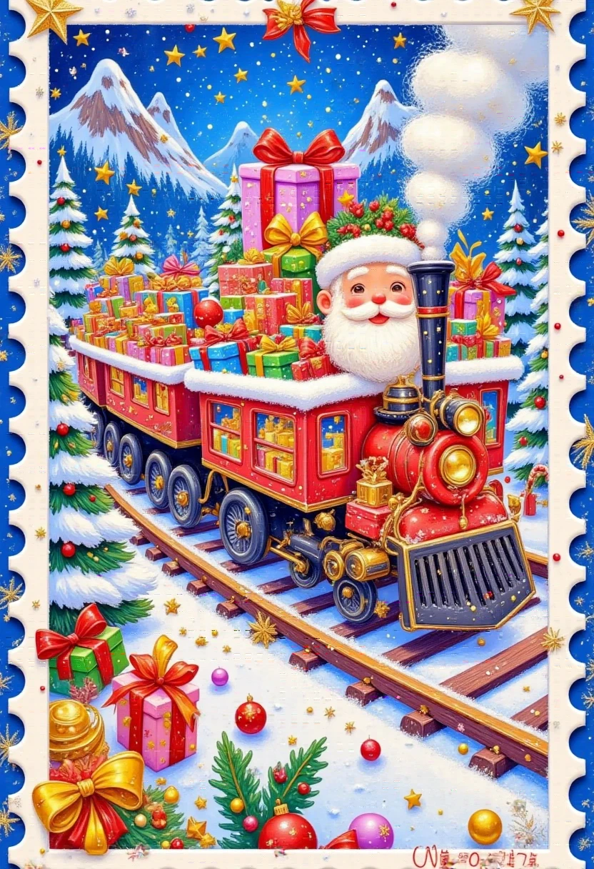   Christmas postcard   ，Stamp border，christmas card ： Santa drives a train，It's full of gifts  