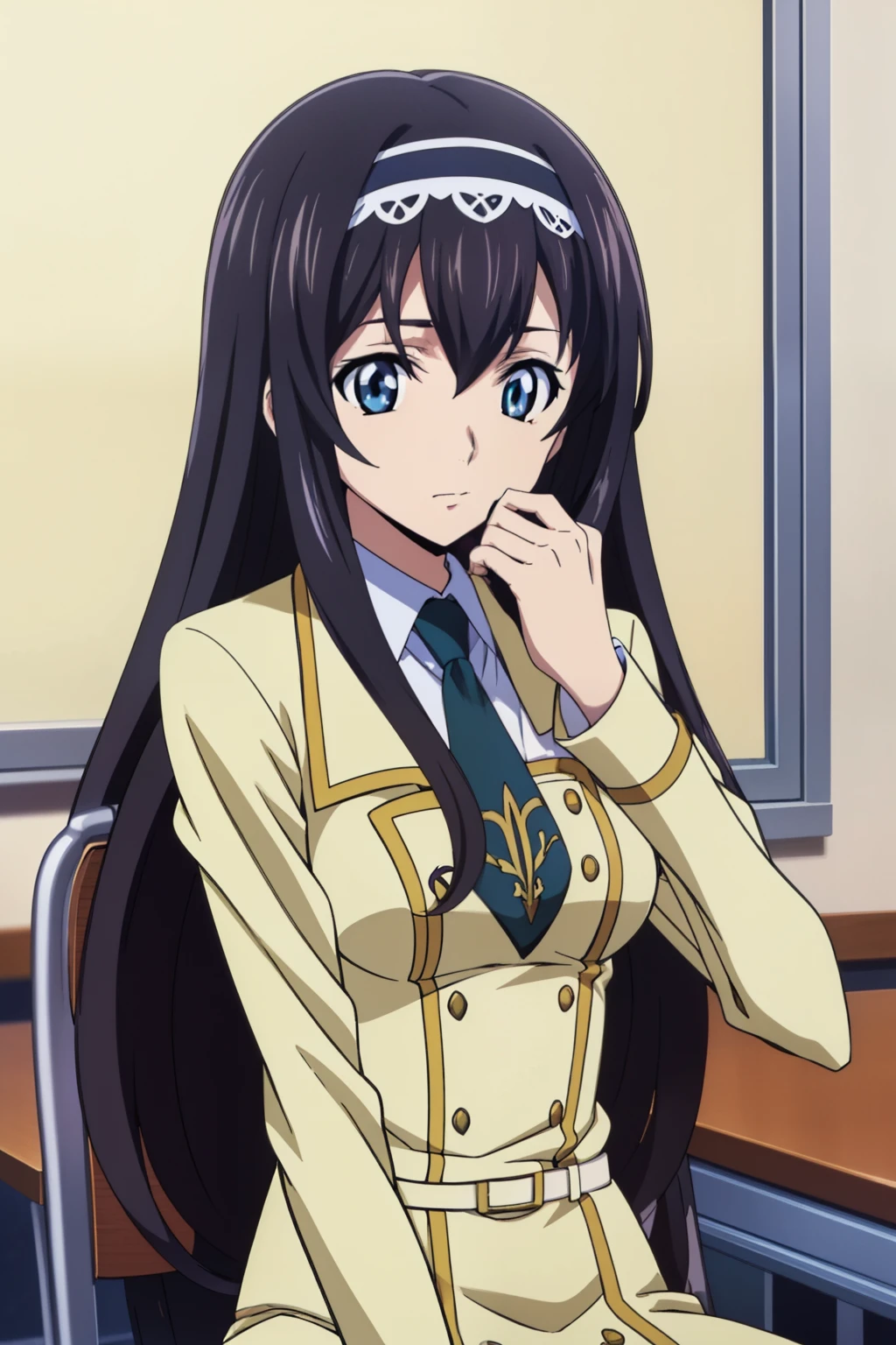 from side,  1 girl, cute, black hair, long hair, ((hair band)), (Sitting on chair in a lecture room at the school and writing in a notebook on desk), studying, (School Uniform), (In a lecture room at the school), (anime cels style, Masterpiece, best quality, high resolution, anime colored, megami magazine:1.2, anime poster style, anime keyvisual, sharp, 8k, photorealistic), beautiful eyes, (perfect anatomy, perfect hand)