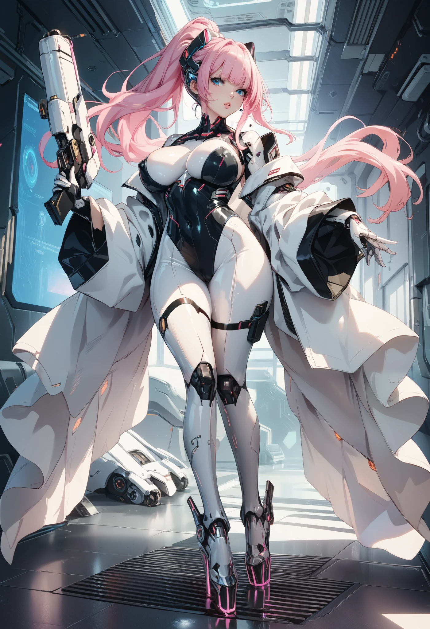  white compression wear that conceals sexual parts， full body suit， long legs ，masterpiece, ( top quality),  Rating Explicit,  1 girl,  heterosexual lover, high definition ， very aesthetic， glossy skin， style，Beautiful eyes，Beauty，8K resolution，Rin々A funny expression， cyberpunk，Near future， Future Technology，long hair，ponytail，pink hair， blue eyes， Standing ，heel，white mechanical legs， White Robot ，White Machine ，Neck Circumference Machine ， cyborg， holding a gun，Big Breasts，